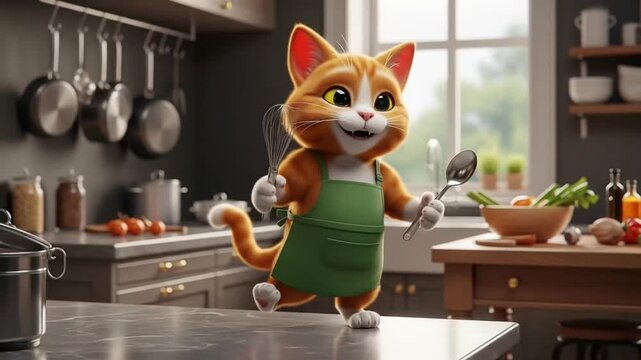 Cartoon cat cooking in kitchen