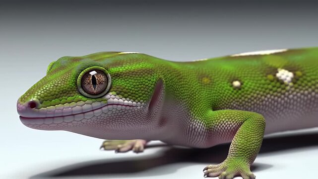 Captivating Close-Up of Gold Dust Day Gecko Phelsuma laticauda Exhibiting Vibrant Green Scales and Golden Markings Detailed Eye Texture And Low Angle Perspective On Neutral Grey Background Revealing