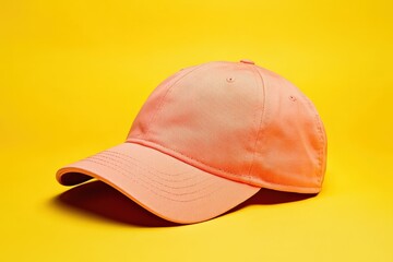 Fototapeta premium A coral-colored baseball cap on a bright yellow background.