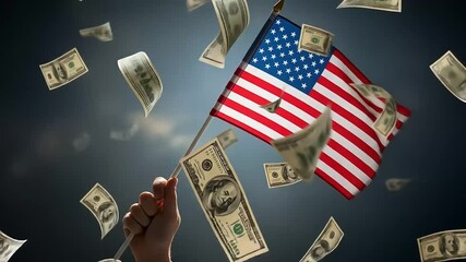 American Dream: US Flag and Money Falling, Patriotic Concept - Powered by Adobe