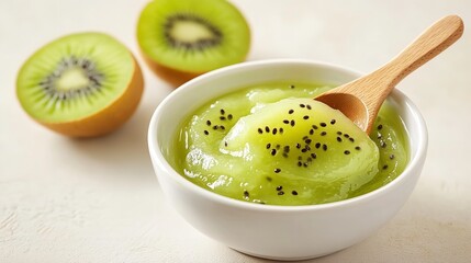A&nbsp;pale&nbsp;beige&nbsp;setting&nbsp;depict&nbsp;dish&nbsp;of&nbsp;kiwi&nbsp;gel&nbsp;mask&nbsp;wood&nbsp;spoon&nbsp;and&nbsp;kiwi&nbsp;fruits depict&nbsp;notion of pure&nbsp;items and clear&nbsp;healthy skin hue, Generative AI.
