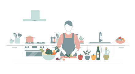 Culinary Preparation: Person Cooking in Minimalist Kitchen Illustration