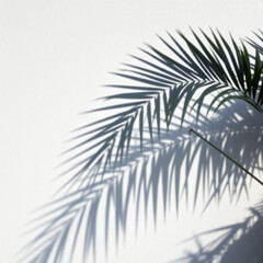 Obraz premium shadow palm leaf in the wind blowing overlay on white wall background wall textures