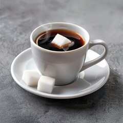 Steaming coffee cup, sugar cubes, grey background, breakfast