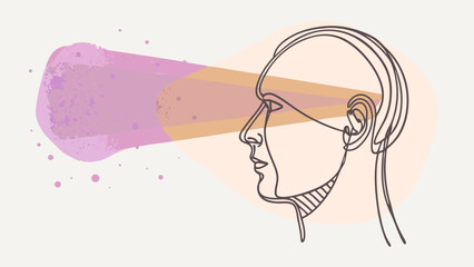 Abstract continuous line drawing of a human head receiving a beam of light and energy