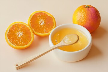 A&nbsp;pale&nbsp;beige&nbsp;setting&nbsp;depict&nbsp;dish&nbsp;of&nbsp;orange&nbsp;gel&nbsp;mask&nbsp;wood&nbsp;spoon&nbsp;and&nbsp;orange&nbsp;fruit&nbsp;depict&nbsp;notion of pure&nbsp;items and clear&nbsp;healthy skin hue, Generative AI.