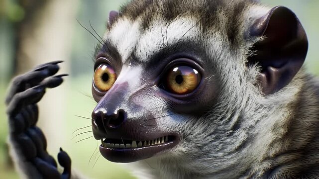 Close Up of Grey Mouse Lemur Grooming with Hand in Lush Greenery Detailed Wildlife Portrait Featuring Microcebus Murinus with Striking Eyes and Soft Fur Perfect for Nature Documentaries and