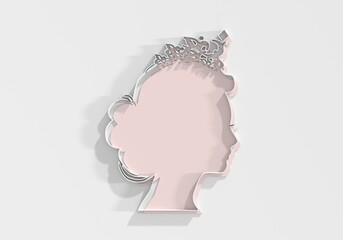 Profile view silhouette of a princess or queen. Cute girl portrait. Fashion branding emblem. 3D render