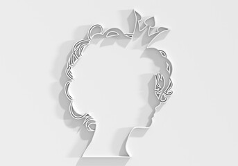 Profile view silhouette of a princess or queen. Cute girl portrait. Fashion branding emblem. 3D render