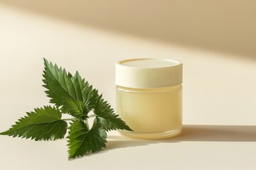 A pale beige setting with container of nettle salve and nettle stems depict notion of pure body care and pain alleviation lovely hue, Generative AI.