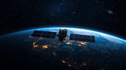 Obraz premium A realistic space scene depicts a communication satellite orbiting Earth, illuminated by solar panels, with city lights and a backdrop of bright stars.