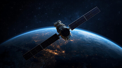 A realistic space scene depicts a communication satellite orbiting Earth, illuminated by solar panels, with city lights and a backdrop of bright stars.
