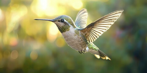 Fototapeta premium Realistic embroidery hummingbird floating above invisible surface, 3D perspective Stock photo