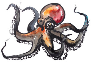 Obraz premium An illustration of an octopus drawn with a brush. Interesting. Handwritten style. Brush. Seafood. Seafood delicacies. Snacks. Animals. Living creatures. Ink. Ink painting. Devil.