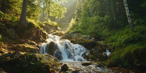 Obraz premium Rocky terrain with waterfall and stream carving through lush green pine woods, magical light reflecting Stock photo