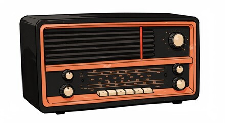 Vintage Style Radio Illustration in Black and Orange for Retro Aesthetic Design Projects and Nostalgic Themes
