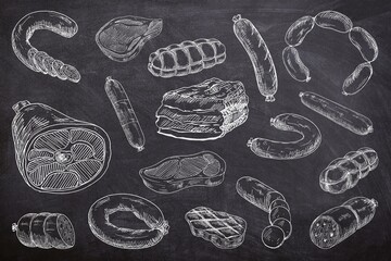 Various of meat seamless set on black background. Sketch of sausage and meat on chalk board. Line art of processed meat on black board