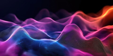 Soft tech waveforms glowing across a black gradient background Stock photo