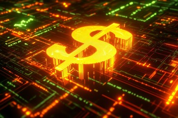 Digital dollar sign symbol on a circuit board.