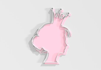 Profile view silhouette of a princess or queen. Cute girl portrait. Fashion branding emblem. 3D render