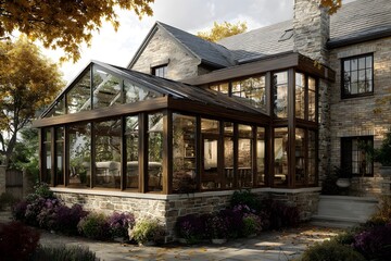 Warm walnut covered sunroom with cozy autumnal tones for inviting seasonal ambiance