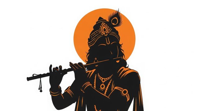 Silhouette of lord krishna playing his flute against a vibrant orange sun halo