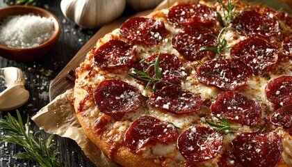 Pepperoni pizza topped with rosemary and garlic