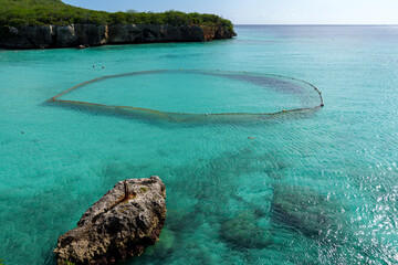 Vista panorâmica de praia e enseada em Curaçao com rede de pesca circular sobre águas azul-turquesa, cercada por colinas verdes e cenário tropical caribenho