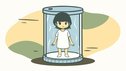 Young person in a cylindrical container with water and a stylized background