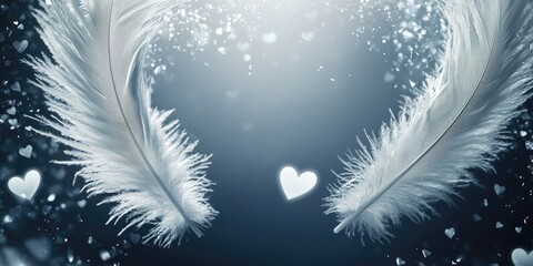 Obraz premium White feather on each side of a circular form, hearts glowing in the air, delicate silver particles in dark gray void Stock photo