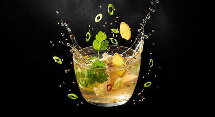 Clear golden broth soup with scallions, cilantro, and ginger falling into it, suspended in mid-air with steam and soy sauce mist against dramatic black background
