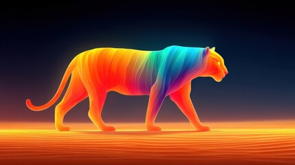 Fototapeta premium Minimal concept of Glass-skinned tiger glowing with inner nebula, prowling across cosmic sand dunes, blending ferocity with elegance, futuristic wild animal concept with celestial surreal background,