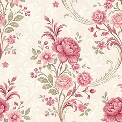 Fototapeta premium Vintage pink floral wallpaper with roses and ornate patterns.