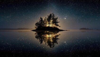 Silhouetted island at dawn, reflected in a still lake, under a star-studded sky