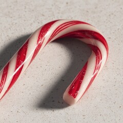 Close-up candy cane, red and white stripes, curved shape