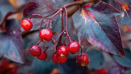 Close-up of vibrant red berries and deep purple leaves