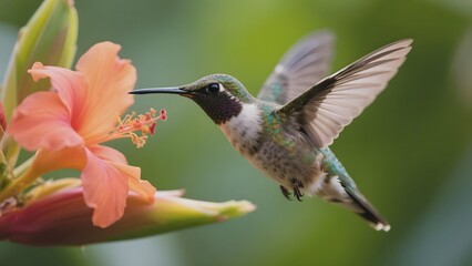Fototapeta premium Hummingbird Hovering Near a Vibrant Orange Flower