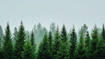 Fototapeta premium Foggy forest, rows of evergreen trees