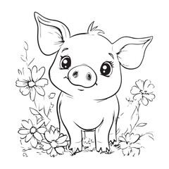 Fototapeta premium Cute Pig in Grass with Flowers Line Art vector silhouette