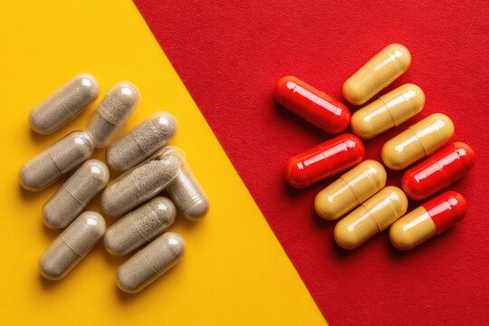 Two piles of pills, light beige/tan and red/yellow, on contrasting yellow and red backgrounds