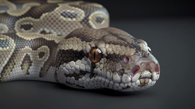 Detailed Close Up Portrait of Royal Python also Known as Ball Python with Exotic Tan Brown and Black Scales and Amber Eyes on Dark Background Perfect for Decoration and Educational Purposes