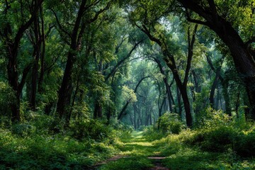 Fototapeta premium Lush forest path, sunlight filtering through trees