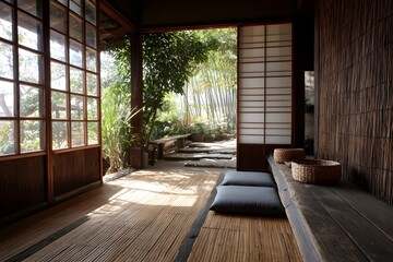 Fototapeta premium Bamboo Futon in Front of Shoji Screen for Minimalist Japanese Interior Design