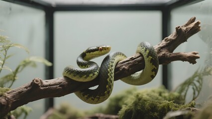 Obraz premium Green snake coiled on a branch within a terrarium, surrounded by plants and moss.