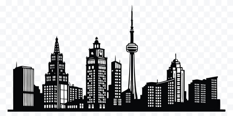 Obraz premium Black and White Silhouette of a Modern City Skyline with Prominent Skyscrapers and a Distinct Tower on a Clear Backdrop