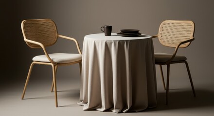 Fototapeta premium Elegant Dining Setup with Rattan Chairs Table and Minimalist Tableware for Intimate Gatherings or Sophisticated Restaurant Interiors