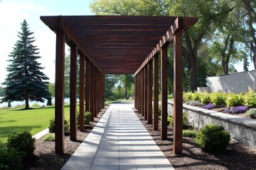 Obraz premium Stained Hardwood Pergola Passages for Elegant and Shaded Outdoor Garden Pathways