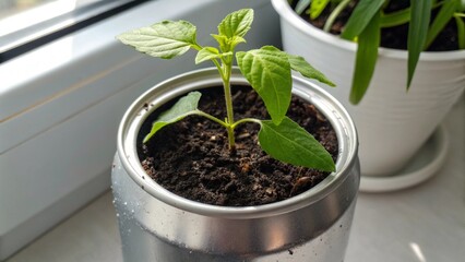 Close Up of Green Plant in Recycled Soda Can Pot Indoor Surface Eco Friendly Home Decoration
