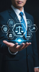 Businessman technology law justice digital innovation legal balance futuristic professional. businessman suit holds digital hologram of justice scales symbolizing modern legal technology