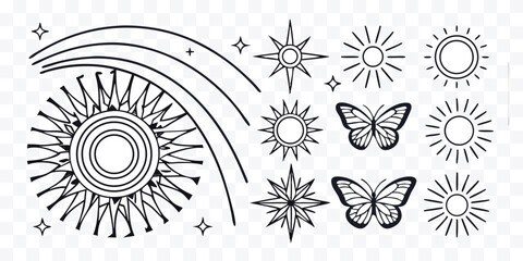 Celestial and Nature Inspired Icon Set Black and White Vector Illustration for Design Projects and Creative Applications